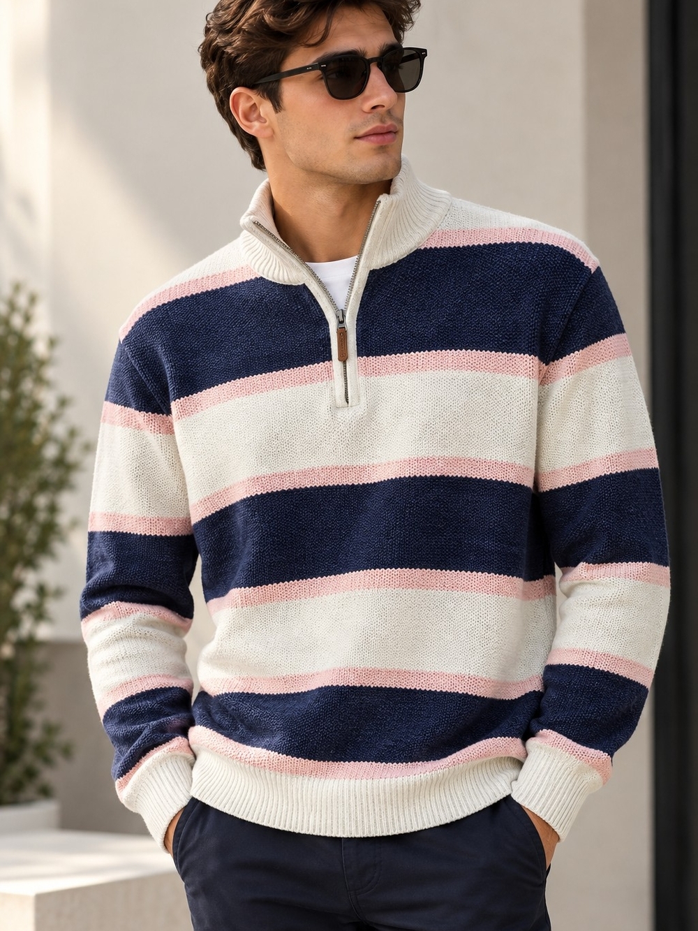 Club Room Men's Striped Half-Zip Sweater in Navy, White & Pink